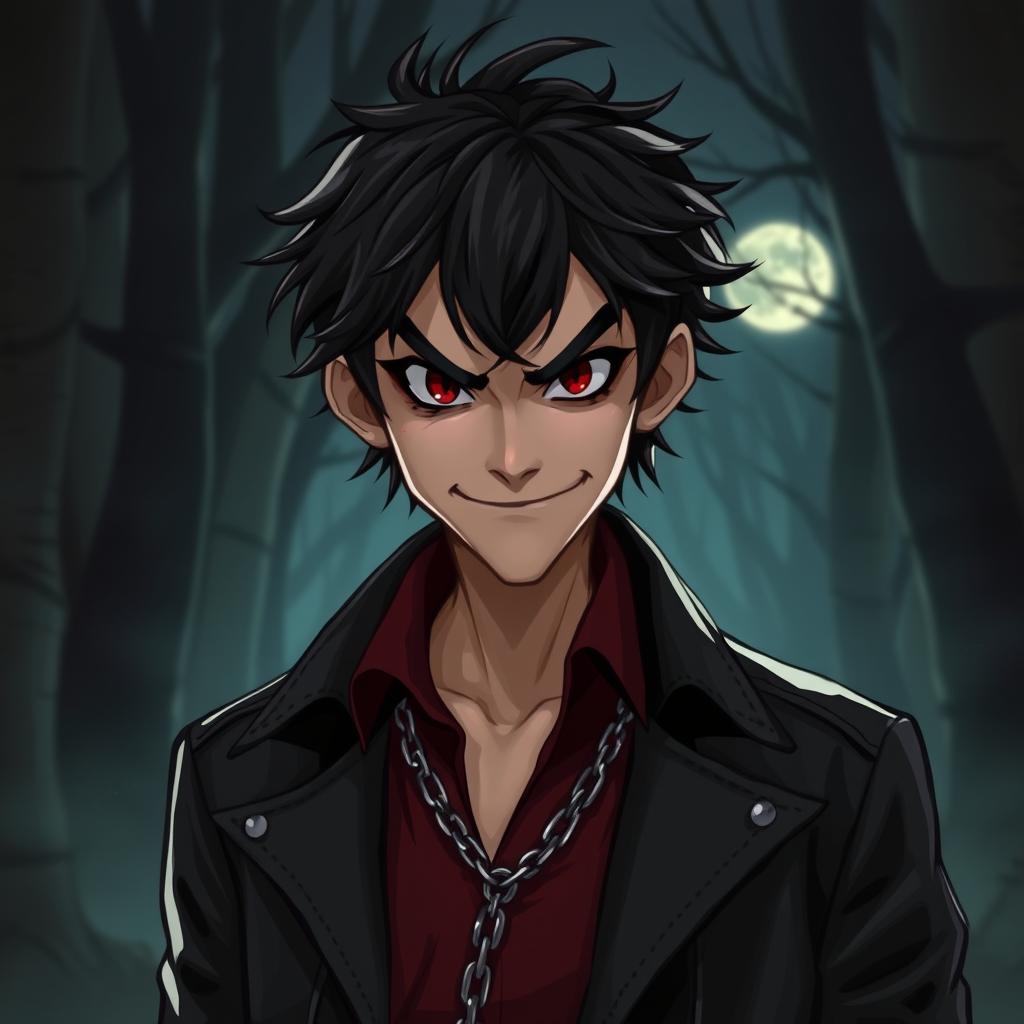 A mischievous vampire character with tousled dark hair and striking red eyes