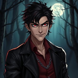 A mischievous vampire character with tousled dark hair and striking red eyes