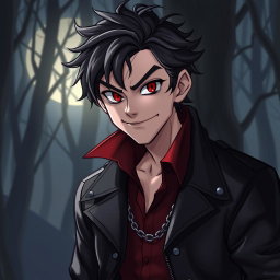 A mischievous vampire character with tousled dark hair and striking red eyes