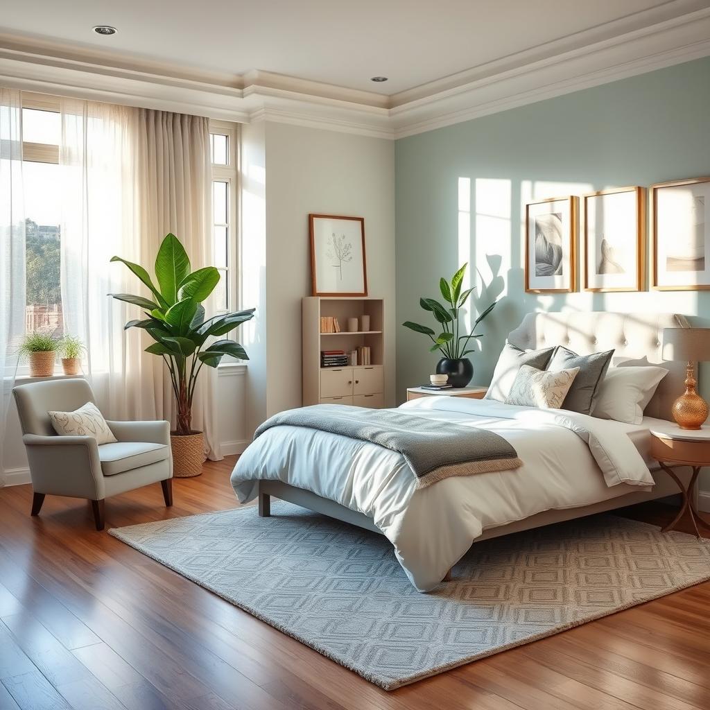 A beautifully designed bedroom featuring soft, calming colors like pastel blues and pale greens