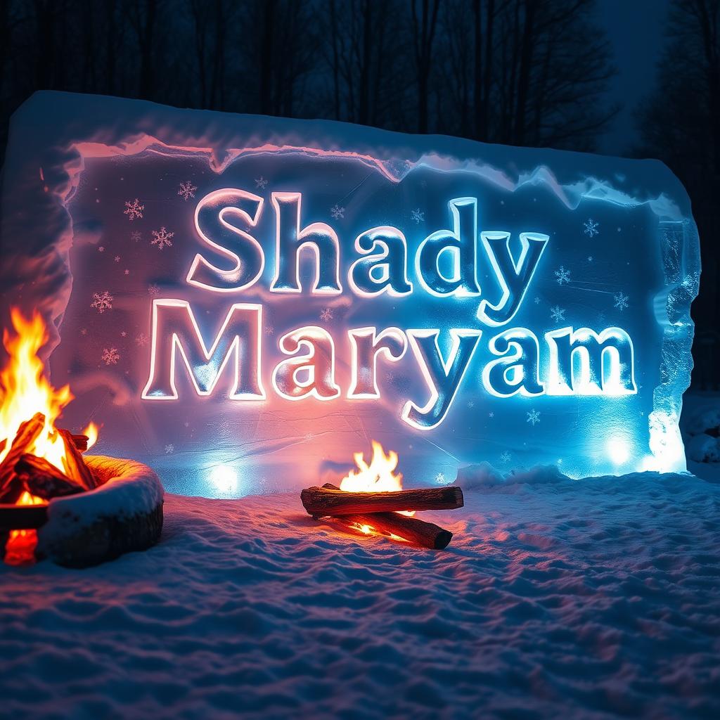 The name 'Shady Maryam' intricately carved into a gleaming ice wall, surrounded by softly glimmering snowflakes