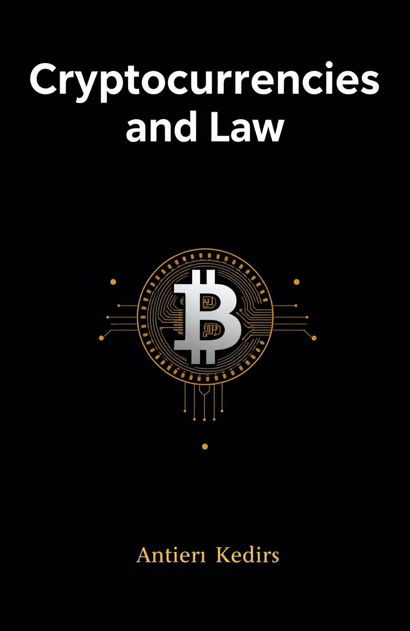 A minimalist book cover design about cryptocurrencies and law, featuring a sleek black background with a prominent silver Bitcoin symbol in the center, surrounded by subtle gold circuit patterns to give a tech feel
