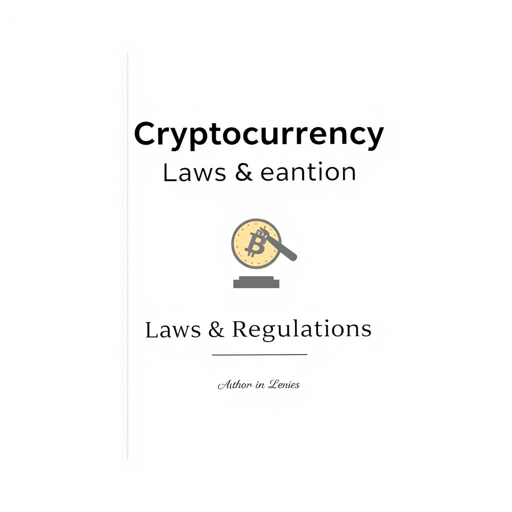 A minimalist book cover design focused on cryptocurrencies' laws and regulations, featuring a clean white background with a subtle geometric pattern in light gray
