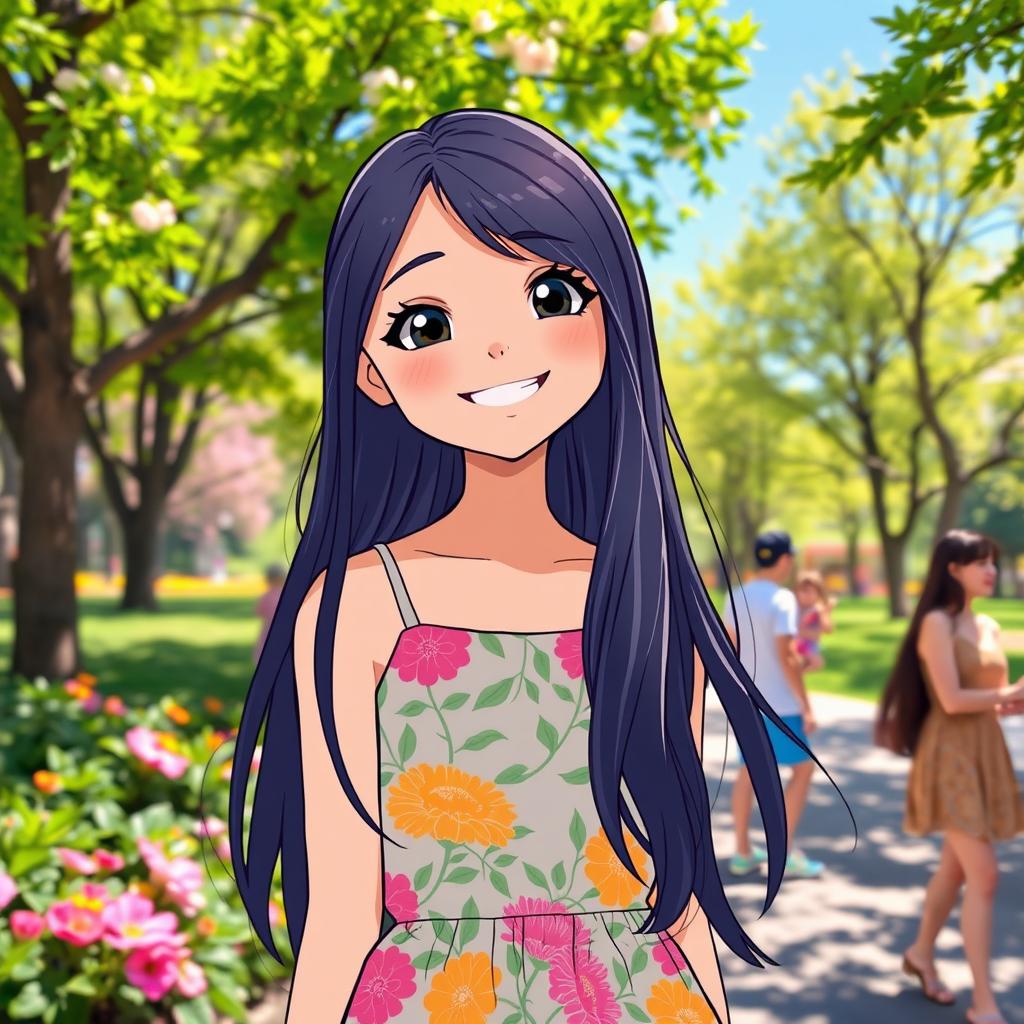 A vibrant and lively scene featuring a girl with long, flowing black hair and a bright, friendly expression