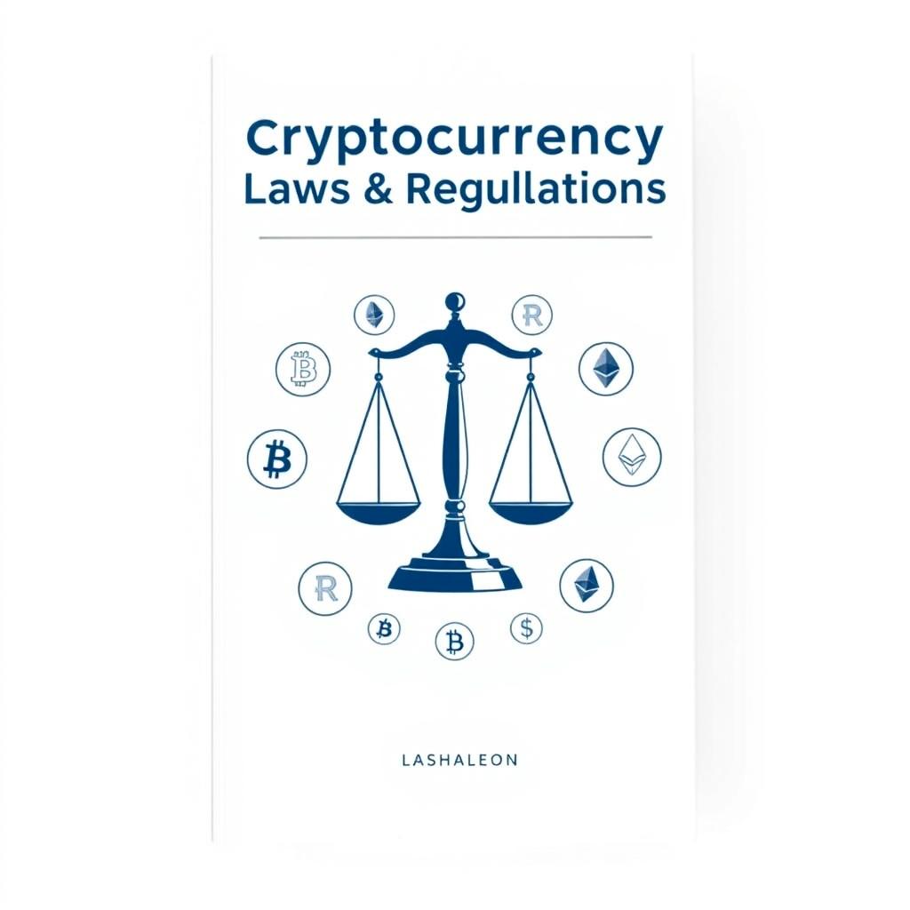 A minimalist book cover design for a book about cryptocurrencies' laws and regulations, featuring a clean white background