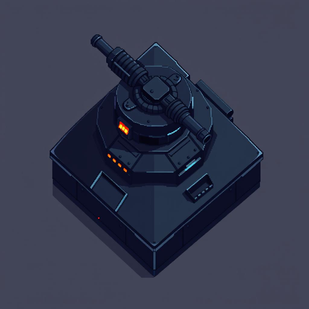 A top-down pixel art representation of a turret featuring a block base and a machine gun at the top
