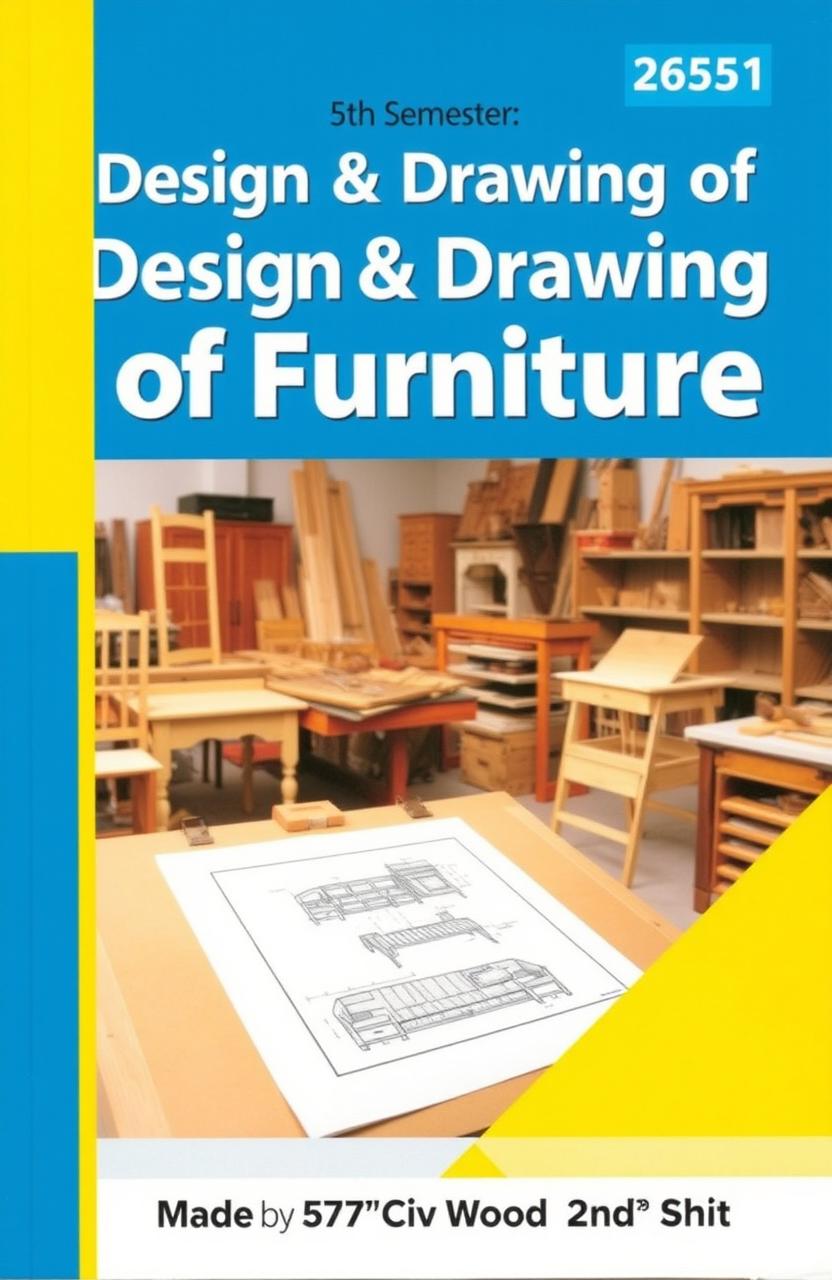 A textbook cover for 'Design & Drawing of Furniture' featuring a workshop scene with various wooden furniture pieces being crafted