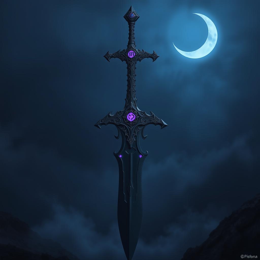 A massive black great sword, intricately designed with sharp edges and a menacing presence, radiating a dark aura that envelops the blade