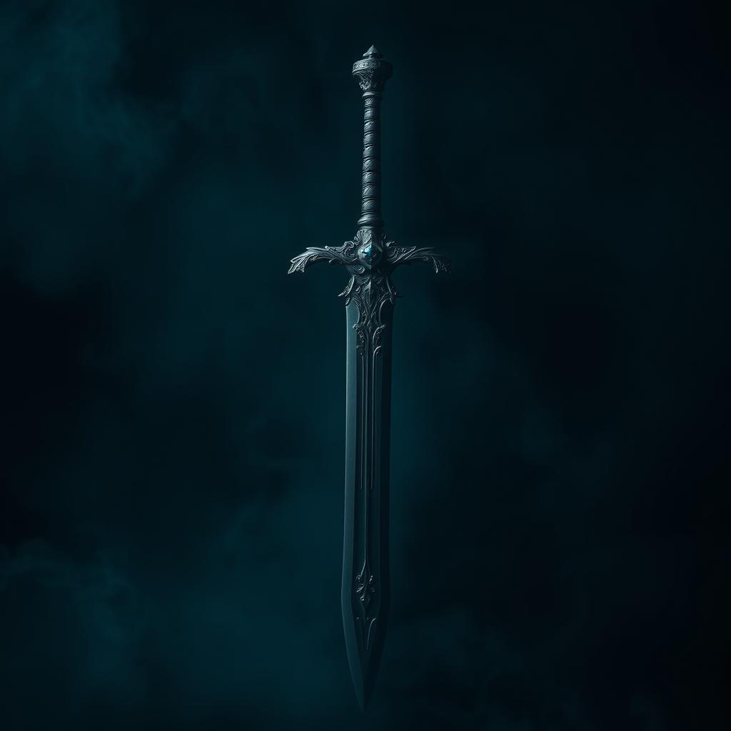 A magnificent black great sword emanating a dark, mystical aura, set against a dramatic, atmospheric background