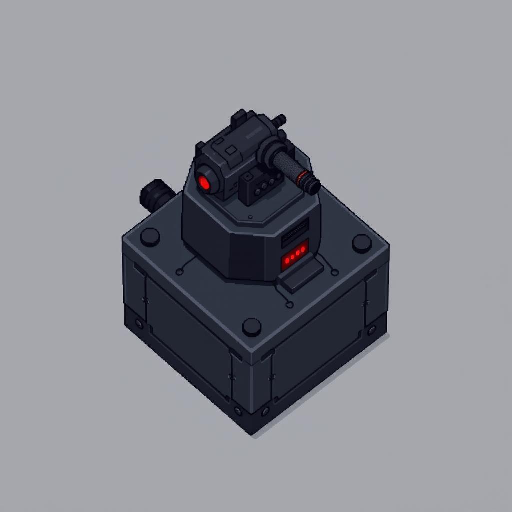 A top-down pixel art turret that features a solid block base with a machine gun positioned at the top