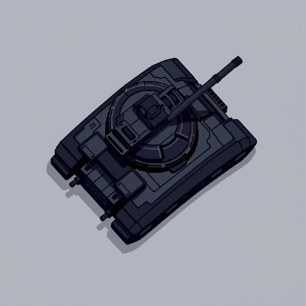 A top-down pixel art turret featuring a machine gun mounted on top, designed in a dark style that emphasizes a palette of deep blacks and dark metallic hues