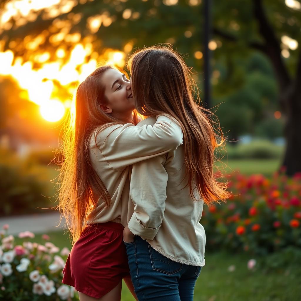 A romantic scene depicting a young woman playfully coming from behind to kiss a person on the cheek