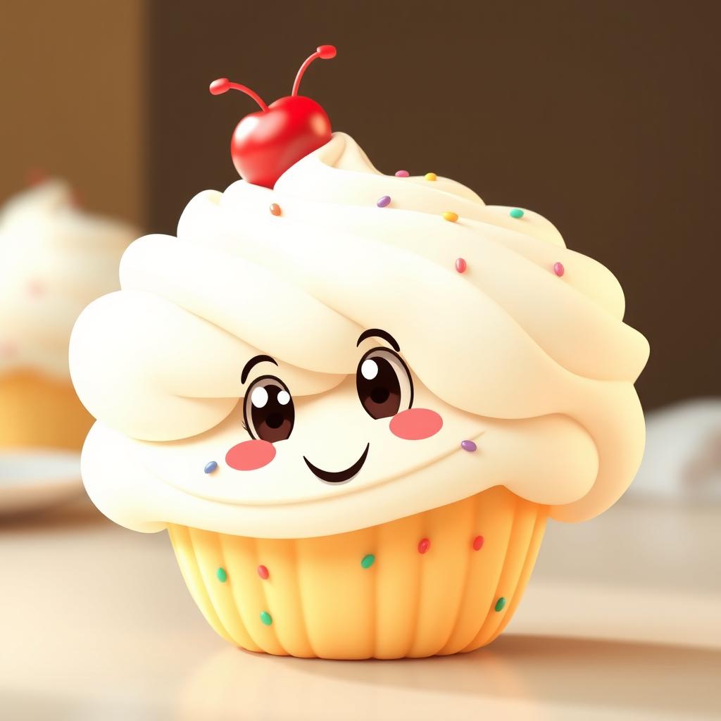 A super exaggerated, chubby, and fluffy cartoon cupcake with an enormous, soft, puffy swirl of frosting on top, almost overflowing