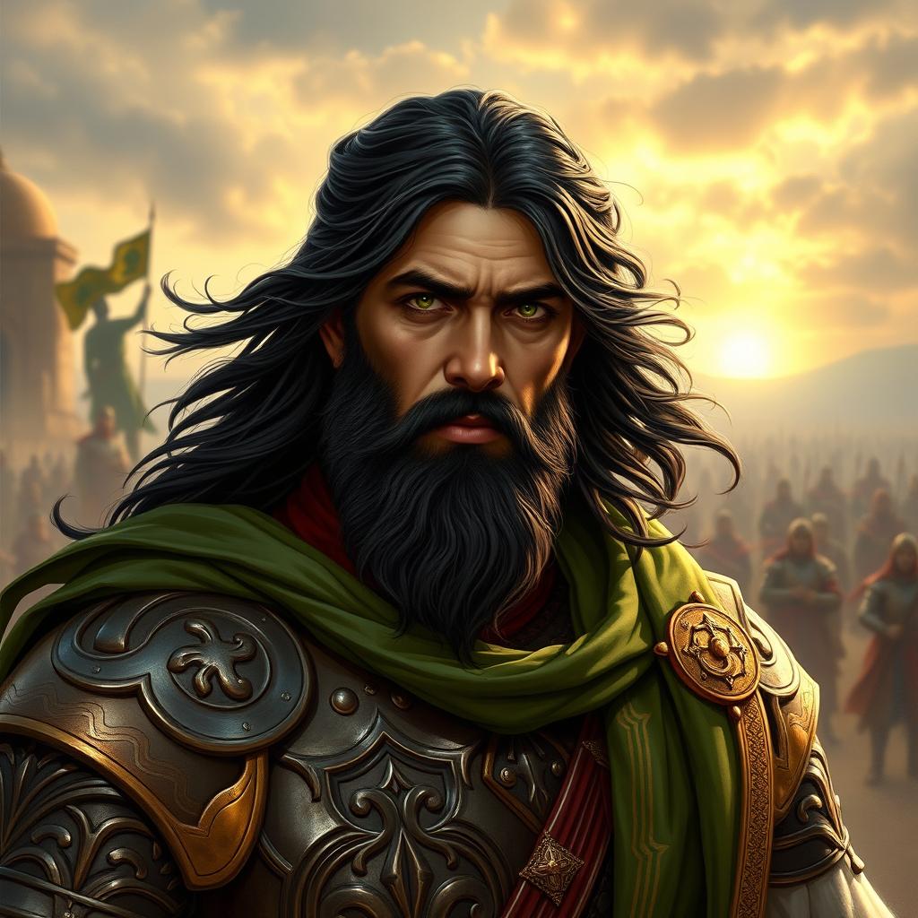 A detailed portrayal of Abbas ibn Ali, known for his strength and loyalty, depicted as a noble warrior in traditional Islamic warrior attire