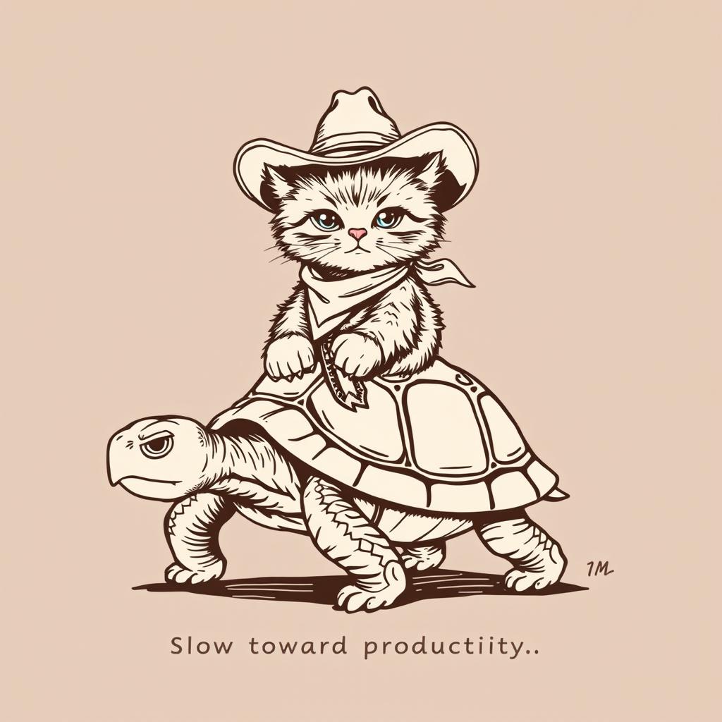 A vintage-style illustration featuring a furry kitten dressed as a cowboy, complete with a wide-brimmed hat and a small bandana around its neck, riding on the back of a slow-moving turtle