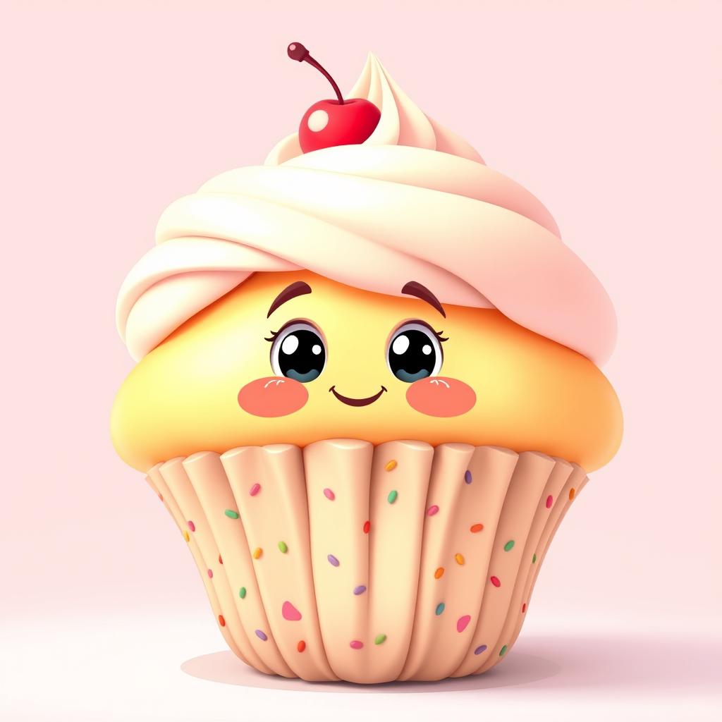 A super exaggerated, chubby, and fluffy cartoon cupcake with an enormous, soft, puffy swirl of frosting on top, almost overflowing