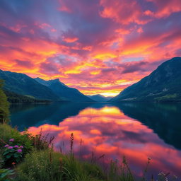 A stunning and mesmerizing landscape depicting a serene sunset over a tranquil lake surrounded by majestic mountains