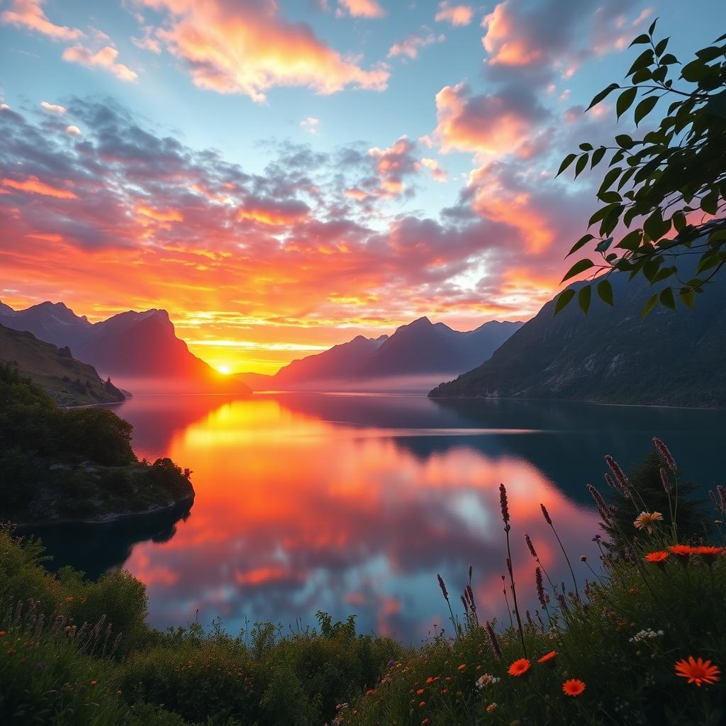 A stunning and mesmerizing landscape depicting a serene sunset over a tranquil lake surrounded by majestic mountains