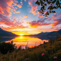 A stunning and mesmerizing landscape depicting a serene sunset over a tranquil lake surrounded by majestic mountains