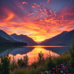 A stunning and mesmerizing landscape depicting a serene sunset over a tranquil lake surrounded by majestic mountains