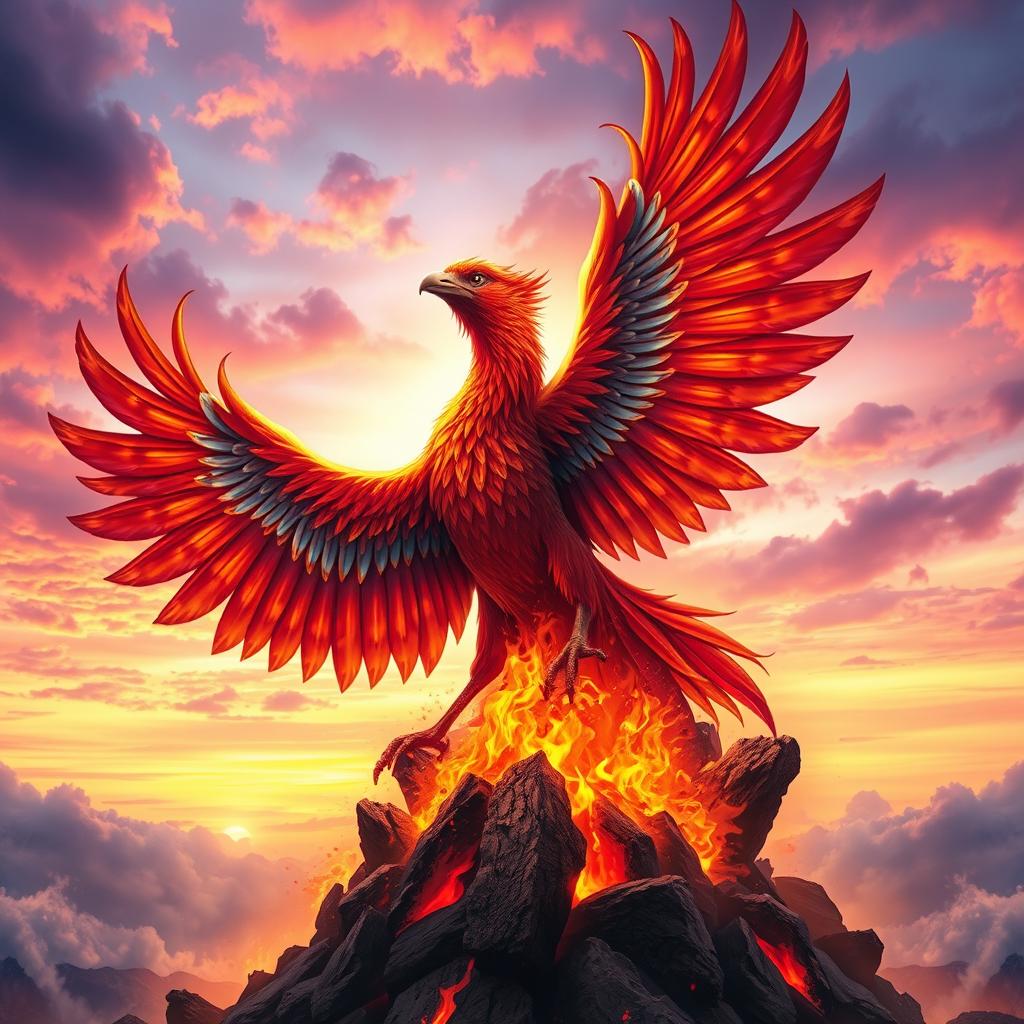 A powerful phoenix rising from the ashes, surrounded by vibrant flames and colorful bursts of orange, red, and yellow, symbolizing rebirth and resilience
