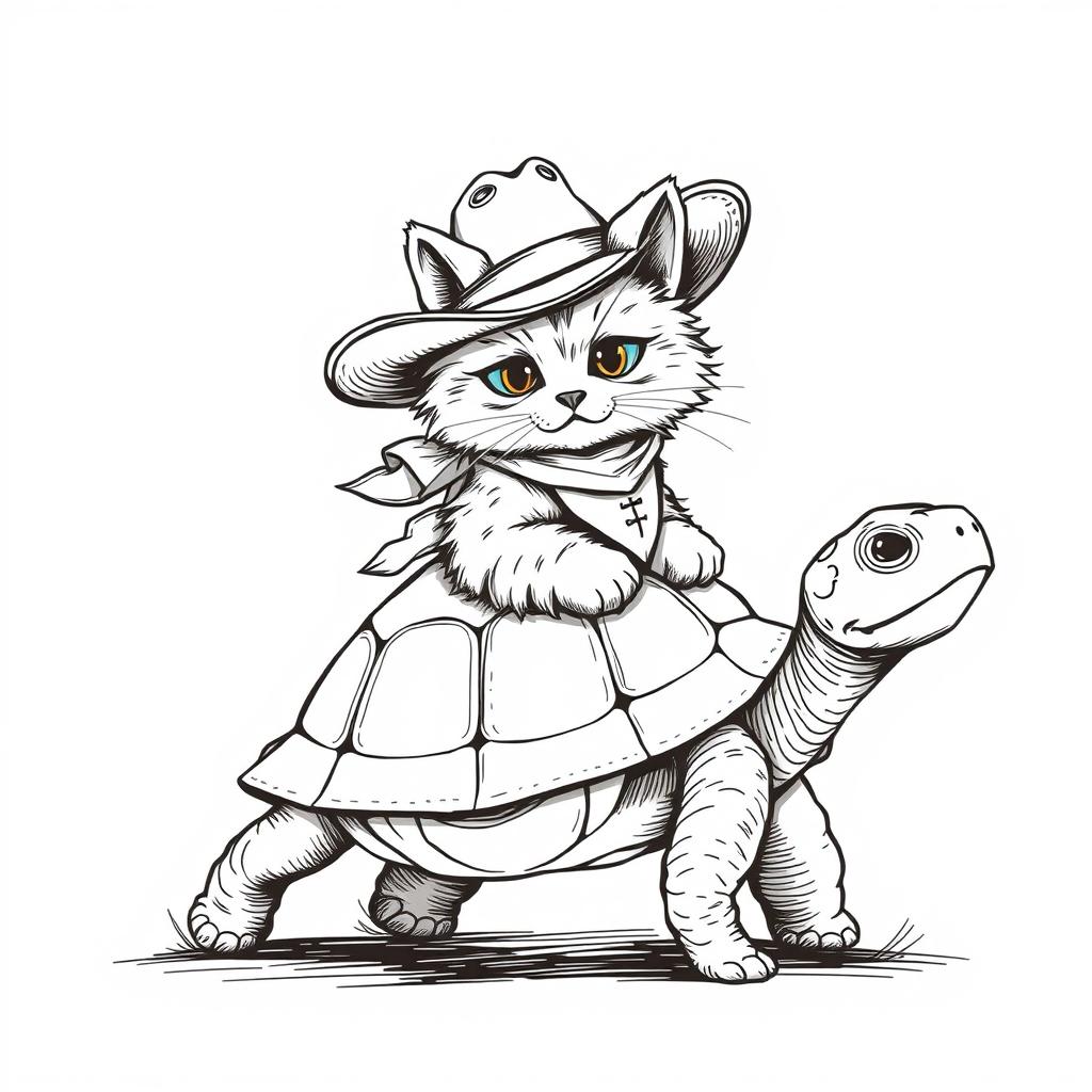 A fun, vintage-style illustration depicting a furry kitten dressed as a cowboy, complete with a wide-brimmed hat and a small bandana around its neck, riding on the back of a slow-moving turtle