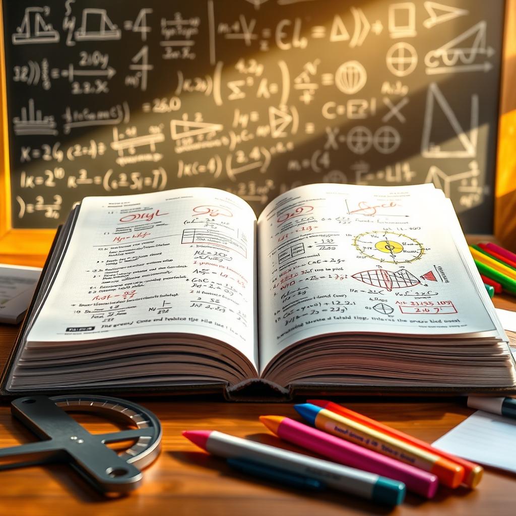 An open mathematics book displaying vibrant pages filled with complex equations and colorful diagrams