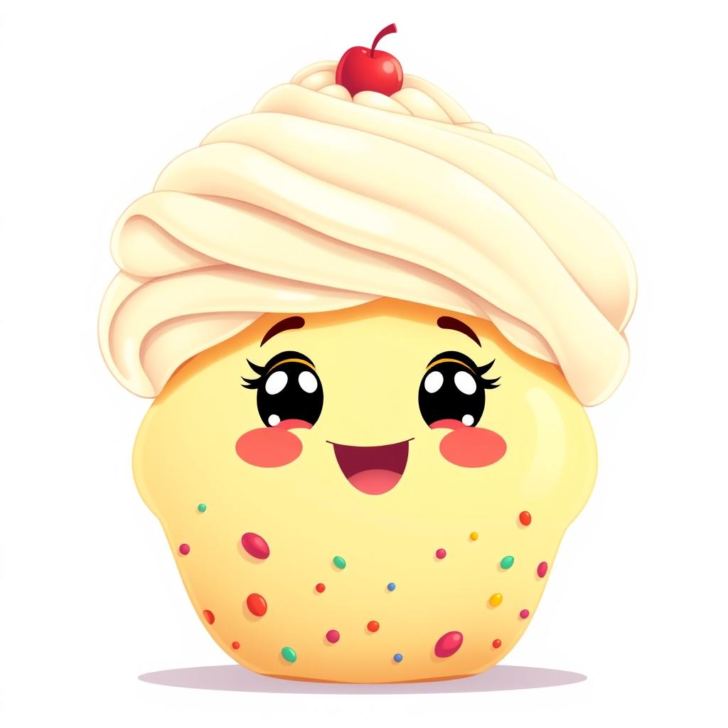 A super exaggerated, chubby, and fluffy cartoon cupcake with an enormous, soft, puffy swirl of frosting on top, almost overflowing