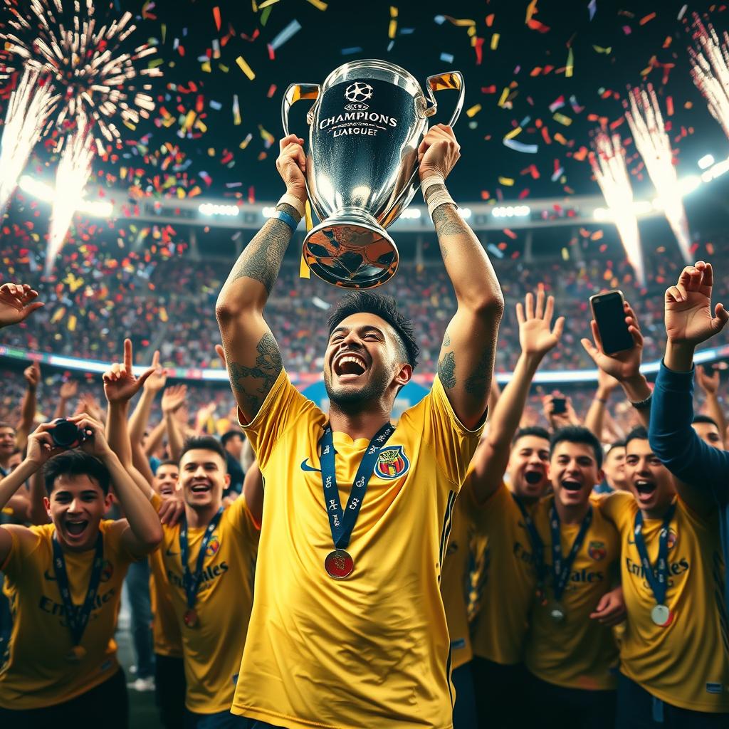 A dynamic and exhilarating moment capturing Neymar celebrating a triumphant victory in the Champions League final