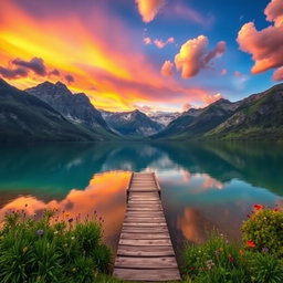 A stunning landscape featuring a serene lake surrounded by majestic mountains, reflecting the vibrant colors of the sunset