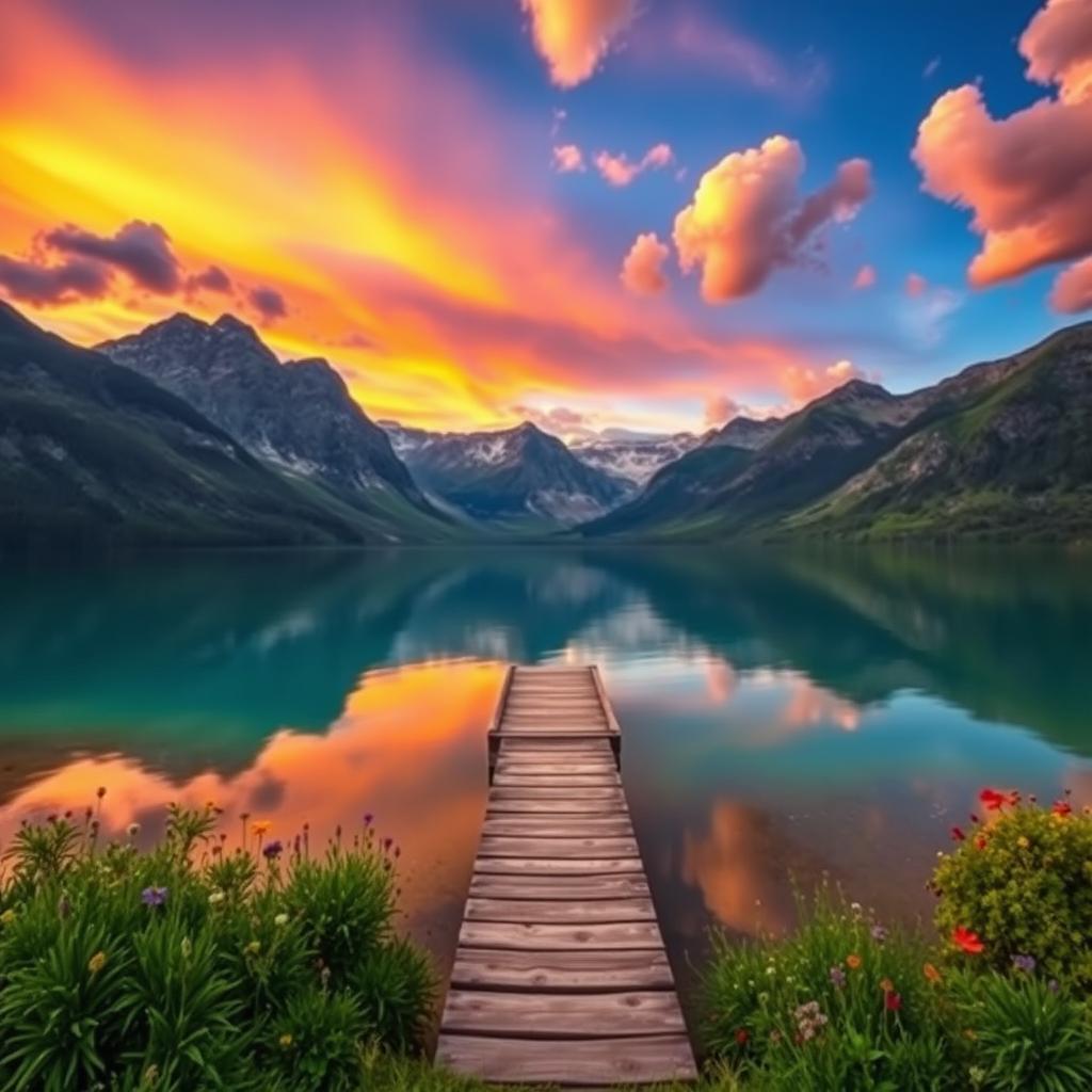 A stunning landscape featuring a serene lake surrounded by majestic mountains, reflecting the vibrant colors of the sunset