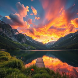 A stunning landscape featuring a serene lake surrounded by majestic mountains, reflecting the vibrant colors of the sunset