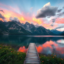 A stunning landscape featuring a serene lake surrounded by majestic mountains, reflecting the vibrant colors of the sunset