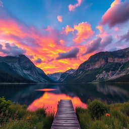 A stunning landscape featuring a serene lake surrounded by majestic mountains, reflecting the vibrant colors of the sunset