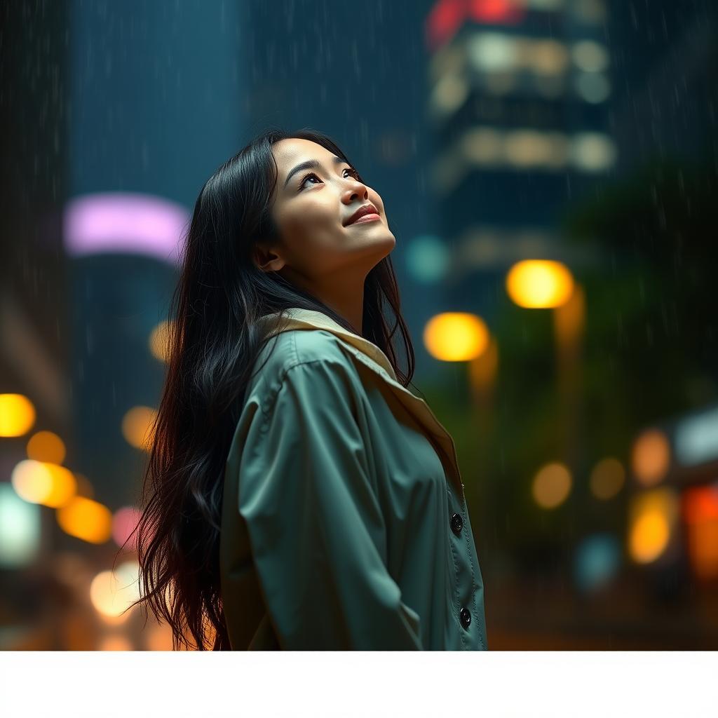 A young woman standing in the rain, looking up towards the sky with an expression of wonder and joy