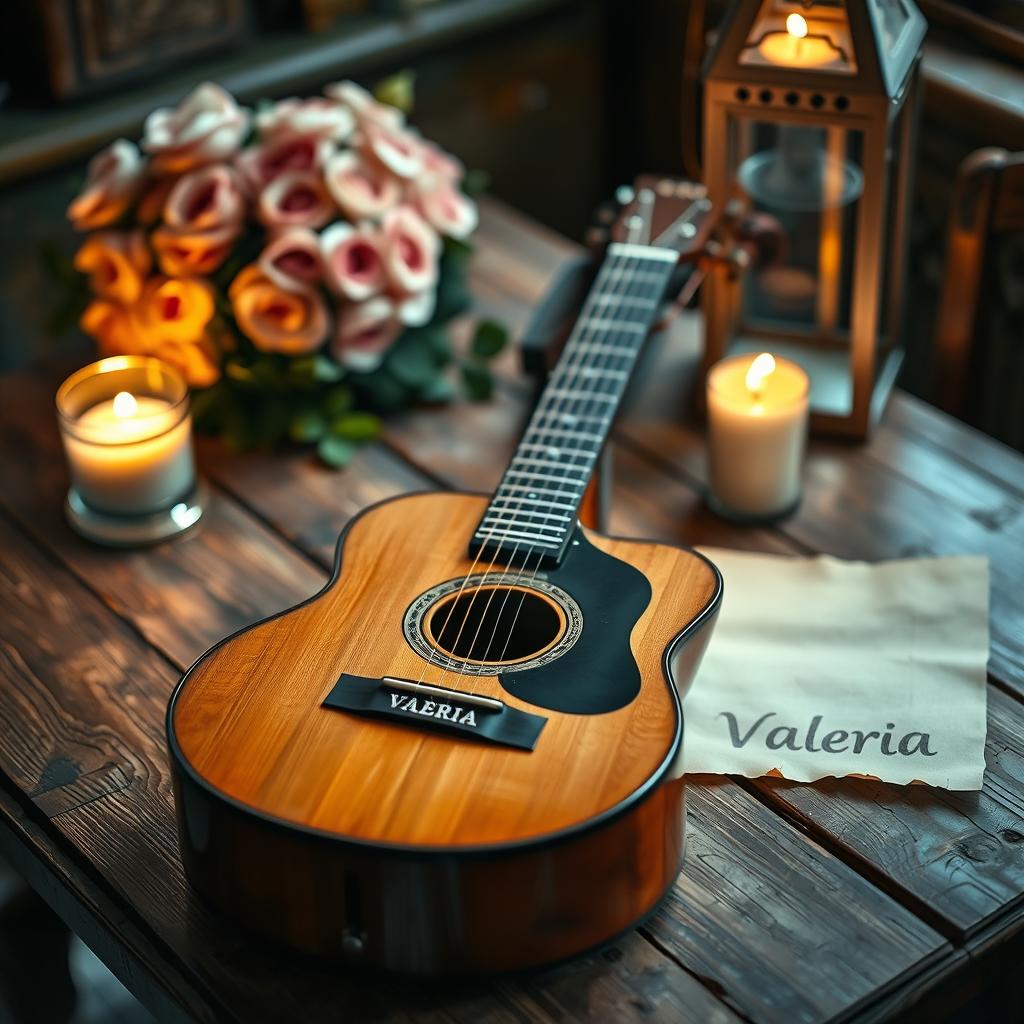 A beautiful acoustic guitar resting on a vintage wooden table, surrounded by soft candlelight that creates a warm and inviting atmosphere