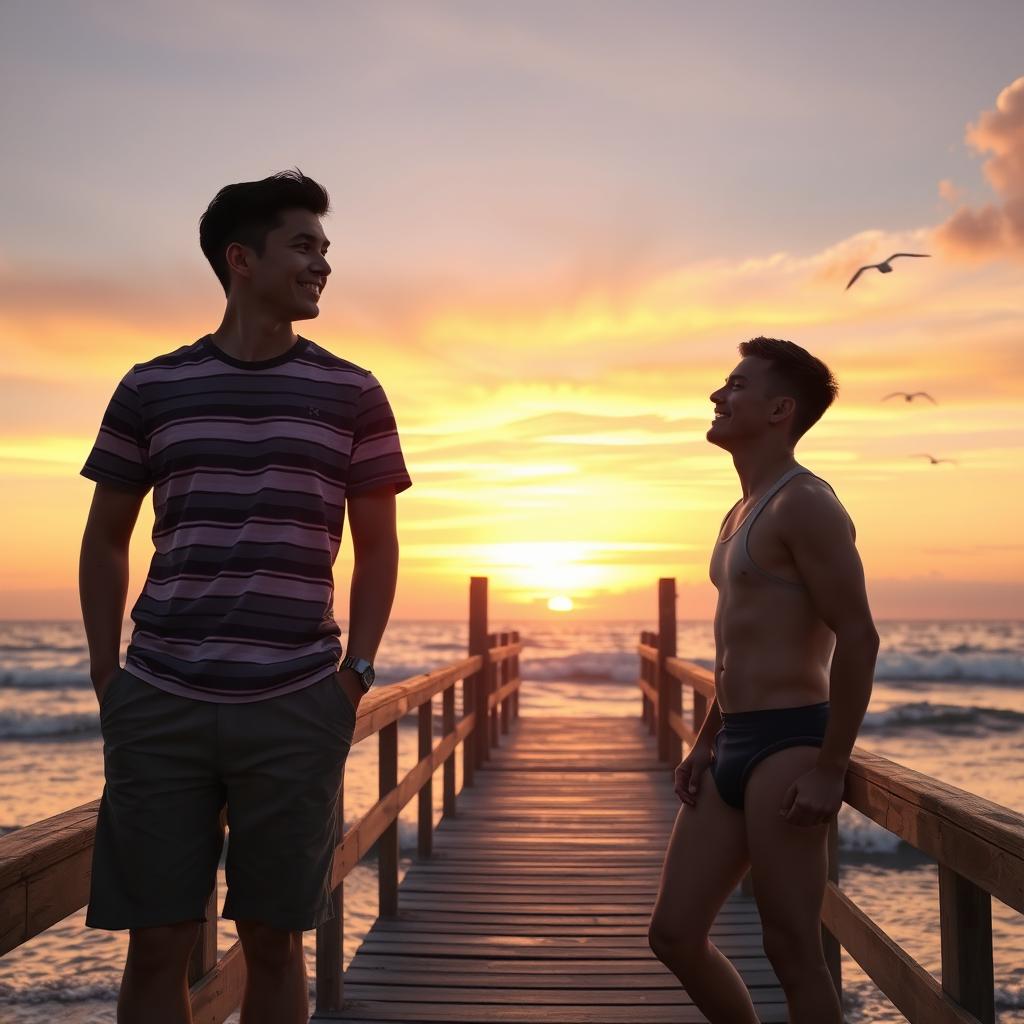 Two young men standing on a wooden pier at the beach during sunset, one wearing a casual striped t-shirt and shorts, the other in a tank top and swim trunks, both smiling and looking at the ocean