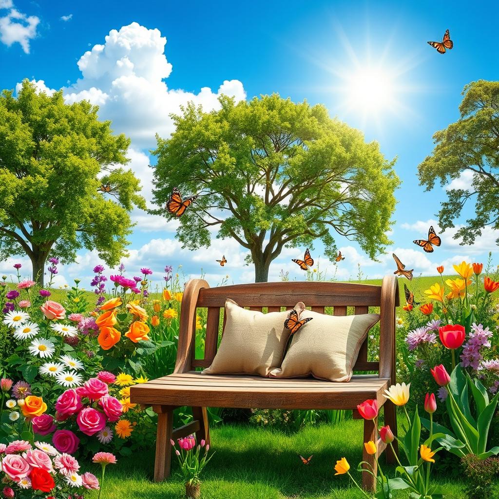 A beautiful outdoor scene featuring a vibrant garden filled with colorful flowers such as roses, daisies, and tulips