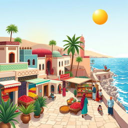 A vibrant and detailed illustration of Bushehr, Iran, showcasing its unique architecture and coastal landscape