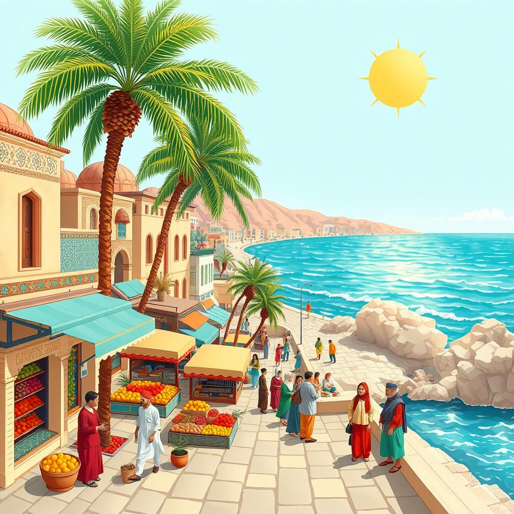 A vibrant and detailed illustration of Bushehr, Iran, showcasing its unique architecture and coastal landscape