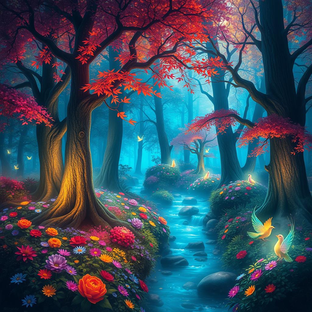 A magical forest filled with vibrant colors, towering trees with glowing leaves, sparkling streams, and fantastical creatures like fairies and mythical animals