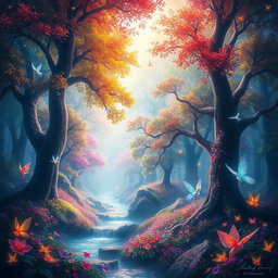 A magical forest filled with vibrant colors, towering trees with glowing leaves, sparkling streams, and fantastical creatures like fairies and mythical animals