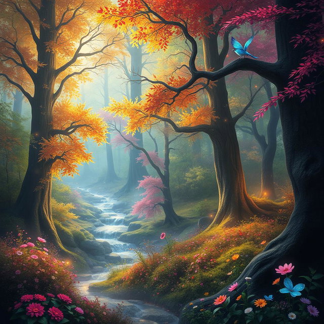 A magical forest filled with vibrant colors, towering trees with glowing leaves, sparkling streams, and fantastical creatures like fairies and mythical animals