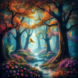A magical forest filled with vibrant colors, towering trees with glowing leaves, sparkling streams, and fantastical creatures like fairies and mythical animals