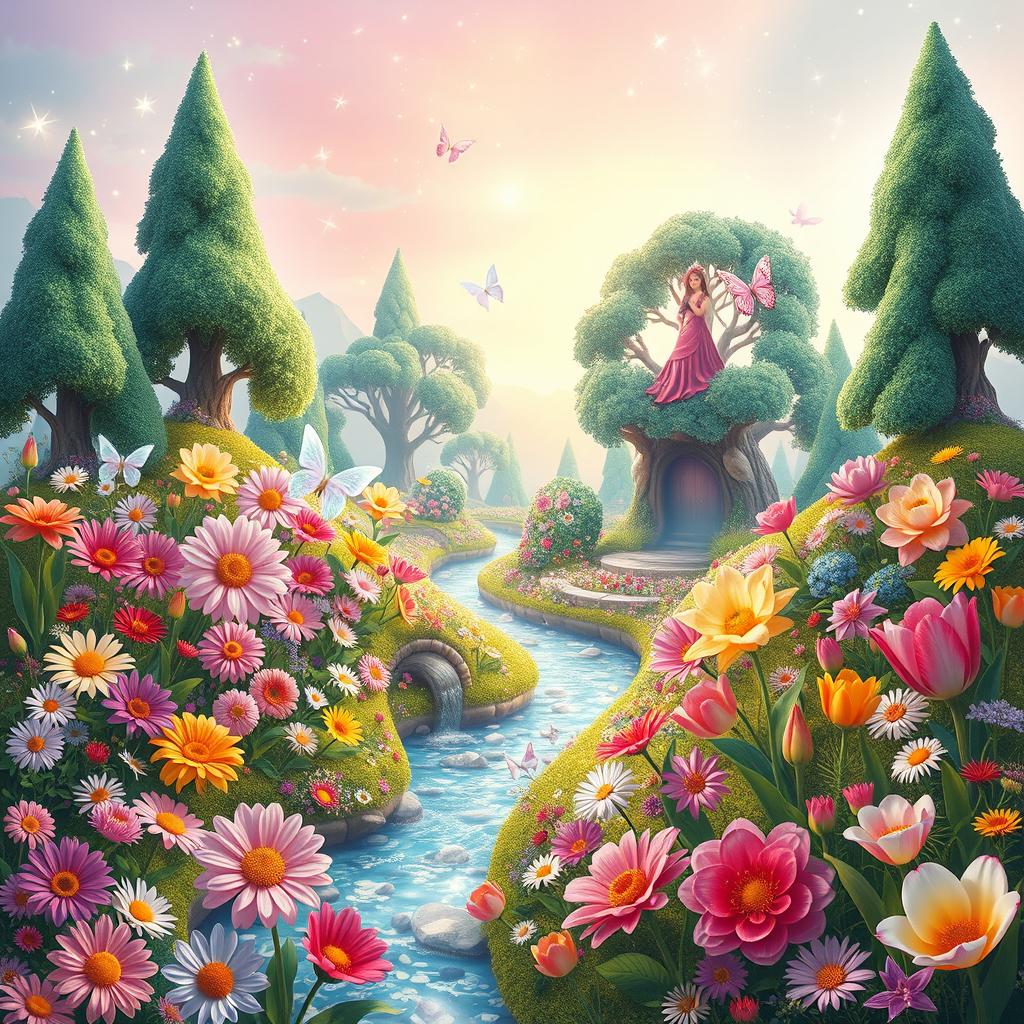 A vibrant and enchanting fairyland named Nusrat's World, teeming with a variety of colorful flowers, each unique in shape and hue