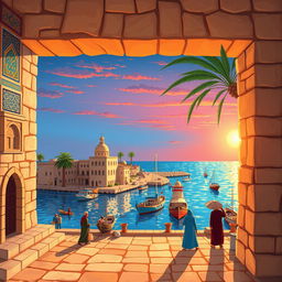 A vibrant and colorful illustration showcasing the unique architectural features of Bushehr province in Iran, featuring traditional Persian buildings with intricate tile work, the iconic Bushehr harbor with fishing boats, palm trees swaying in the gentle breeze, and the sun setting beautifully over the Persian Gulf