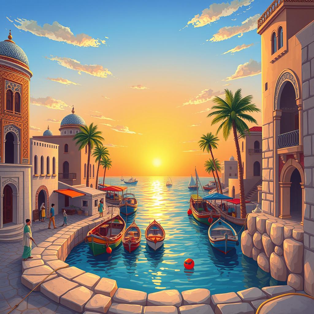 A vibrant and colorful illustration showcasing the unique architectural features of Bushehr province in Iran, featuring traditional Persian buildings with intricate tile work, the iconic Bushehr harbor with fishing boats, palm trees swaying in the gentle breeze, and the sun setting beautifully over the Persian Gulf