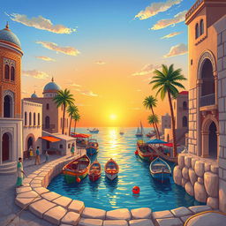 A vibrant and colorful illustration showcasing the unique architectural features of Bushehr province in Iran, featuring traditional Persian buildings with intricate tile work, the iconic Bushehr harbor with fishing boats, palm trees swaying in the gentle breeze, and the sun setting beautifully over the Persian Gulf