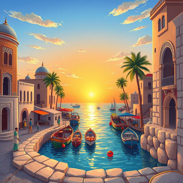 A vibrant and colorful illustration showcasing the unique architectural features of Bushehr province in Iran, featuring traditional Persian buildings with intricate tile work, the iconic Bushehr harbor with fishing boats, palm trees swaying in the gentle breeze, and the sun setting beautifully over the Persian Gulf