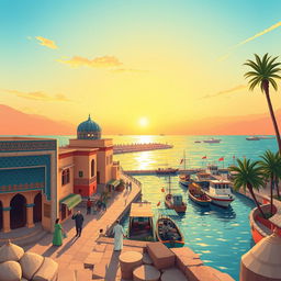 A vibrant and colorful illustration showcasing the unique architectural features of Bushehr province in Iran, featuring traditional Persian buildings with intricate tile work, the iconic Bushehr harbor with fishing boats, palm trees swaying in the gentle breeze, and the sun setting beautifully over the Persian Gulf